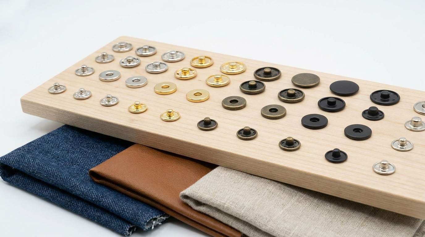 double cap spring snap, Double cap spring snap components in multiple sizes and finishes are arranged on a wooden sample board above folded fabric swatches.